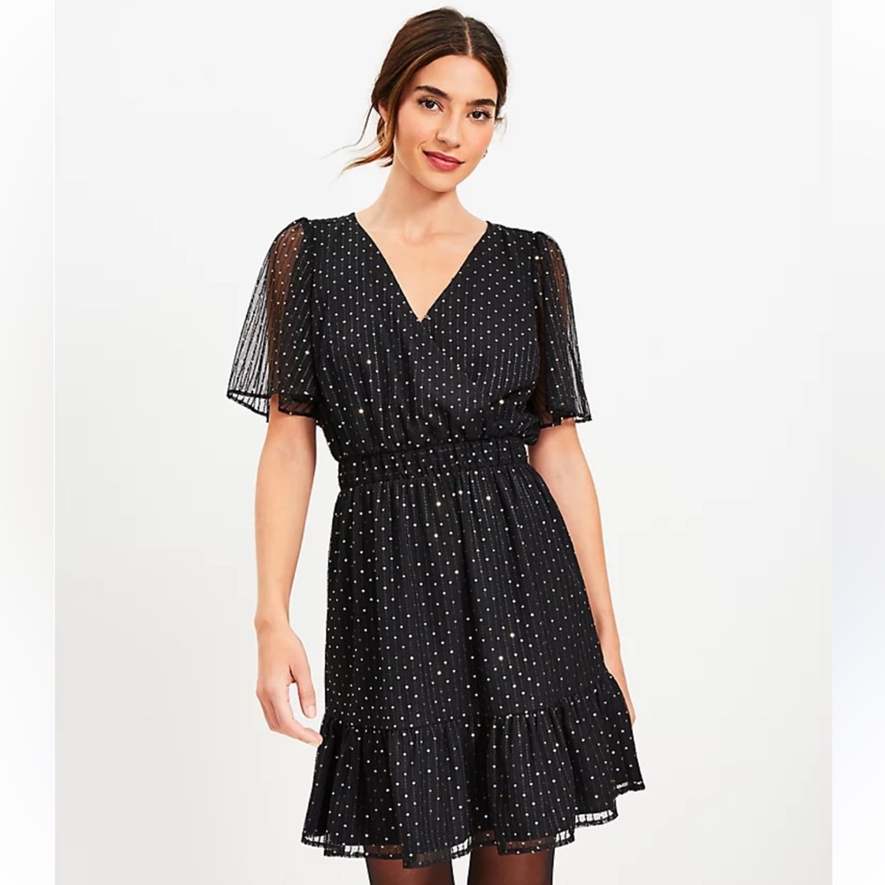 New with tags Loft Medium Sequin Mesh Flounce Wrap Dress